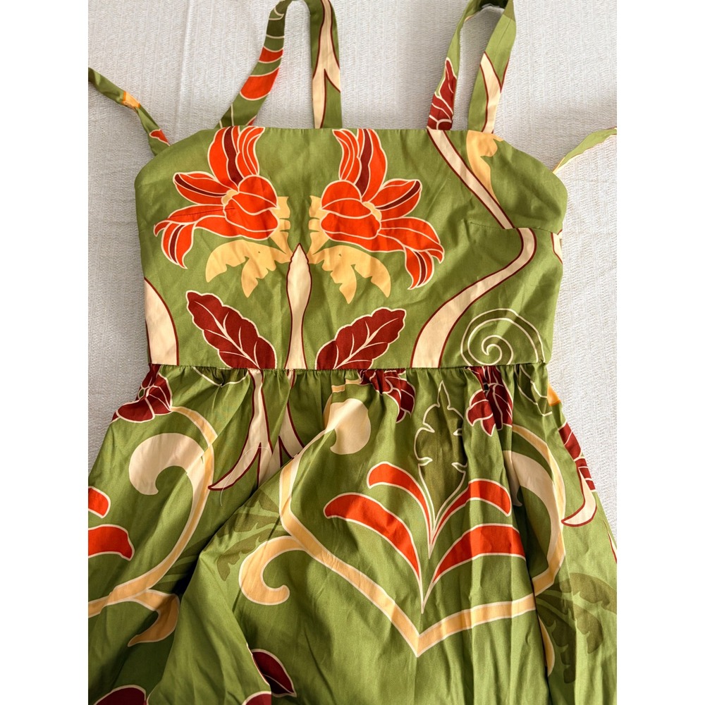 Zara Floral Midi Dress Medium Green Tropical Cotton V-Back Sleeveless New tie up - Picture 13 of 16